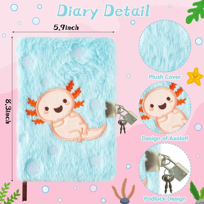 CY2SIDE 6PCS Axolotl Diary with Lock and Keys for Kids, Axolotl Plush Secret Diary Notebook with Coin Purse Pen Stickers and Squeeze Toy, Idea Birthday Christams Gifts for Teen 6 7 8 Girls DIY Gift - Image 2